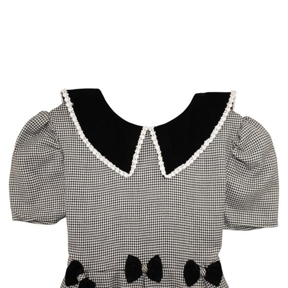 Vintage Bonnie Jean Girls Houndstooth Dress Black Velvet Collar Bows Size 16 - Picture 6 of 9